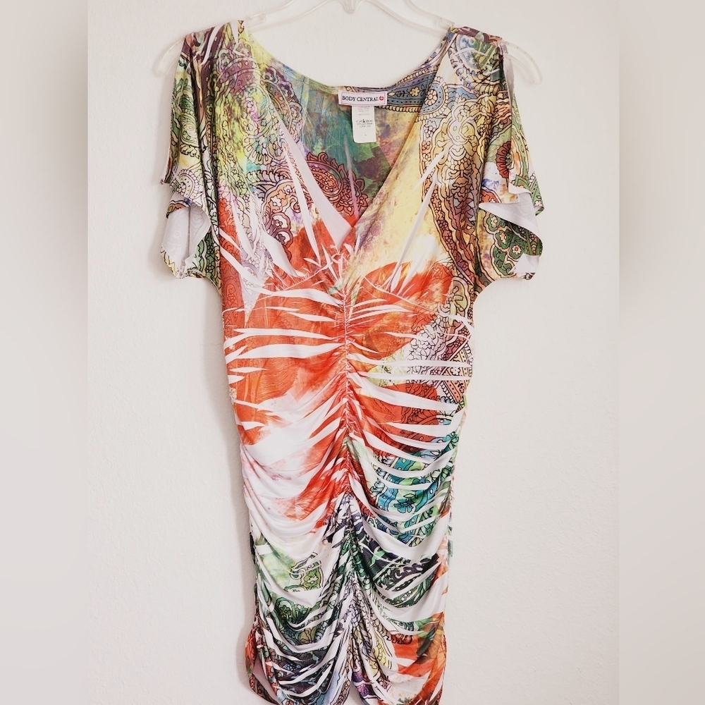 Body Central Bodycon Plunging V-neck Flutter Sleeve Ruched Tunic Sz L